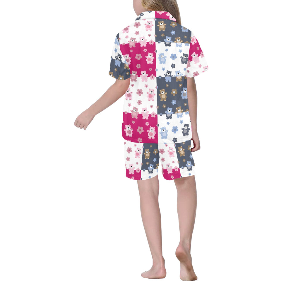 Teddy Bear Pattern Print Design 03 Kids' Boys' Girls' V-Neck Short Pajama Set