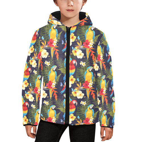 Colorful parrot flower pattern Kids' Boys' Girls' Padded Hooded Jacket