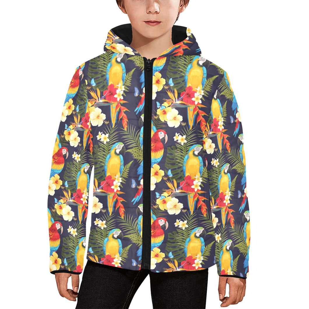 Colorful parrot flower pattern Kids' Boys' Girls' Padded Hooded Jacket