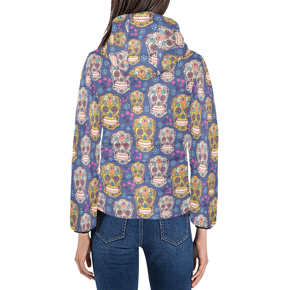 Sugar skull flower pattern Women's Padded Hooded Jacket