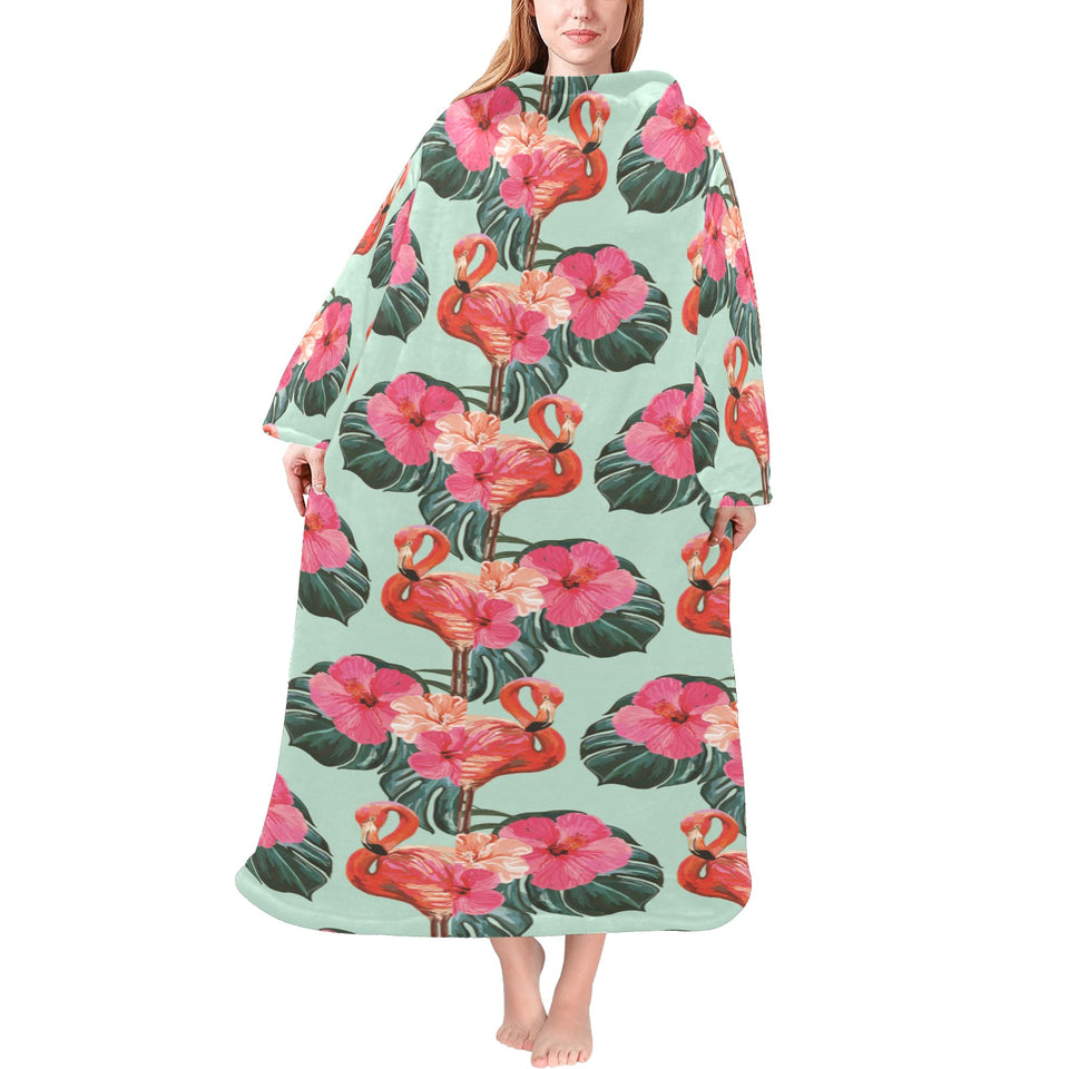 Beautiful flamingo tropical palm leaves hibiscus p Blanket Robe with Sleeves