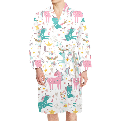 Colorful unicorn pattern Men's Long Sleeve Belted Night Robe