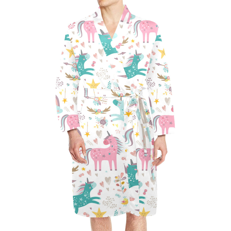 Colorful unicorn pattern Men's Long Sleeve Belted Night Robe