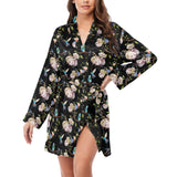 Hummingbird Pattern Print Design 03 Women's Long Sleeve Belted Night Robe