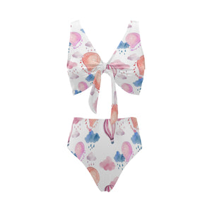 Watercolor air balloon cloud pattern Chest Bowknot High Waisted Bikini Swimsuit