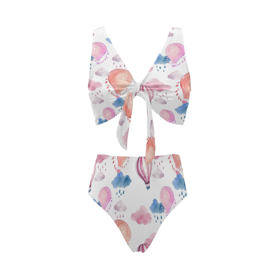 Watercolor air balloon cloud pattern Chest Bowknot High Waisted Bikini Swimsuit