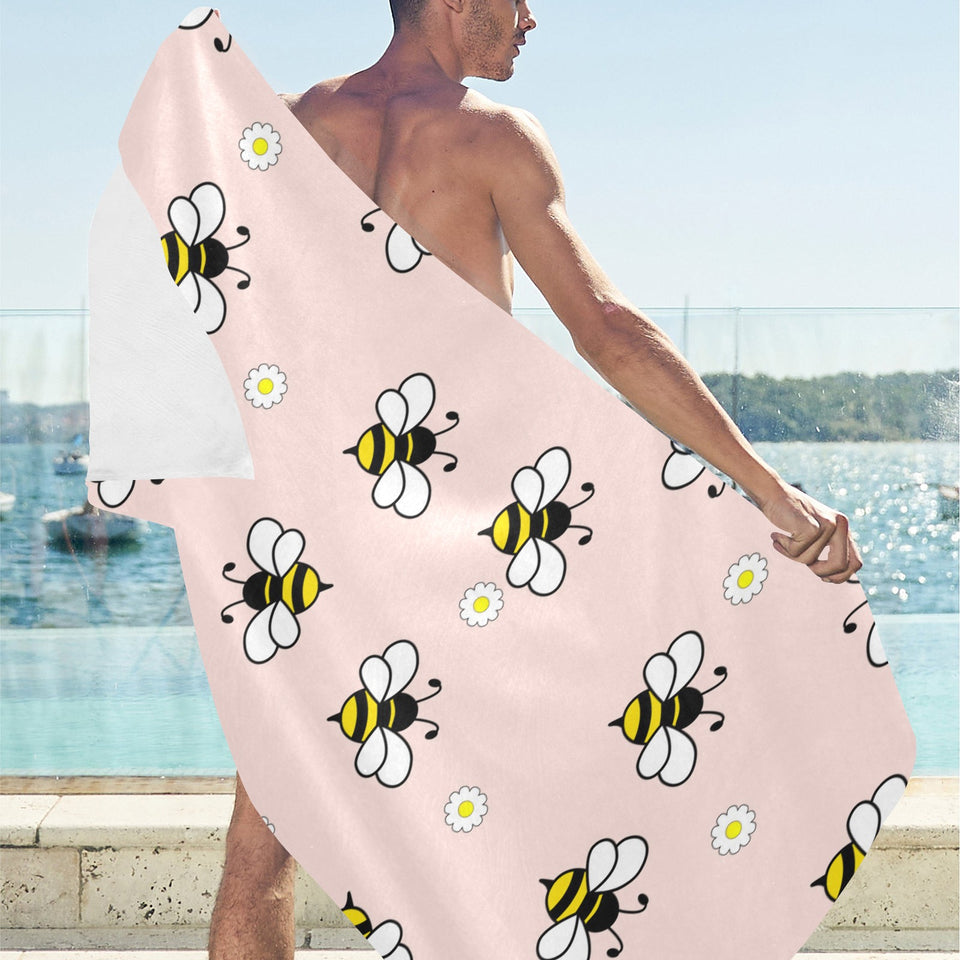 Cute bee flower pattern pink background Beach Towel