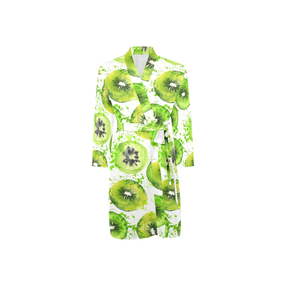 Watercolor kiwi pattern Men's Long Sleeve Belted Night Robe