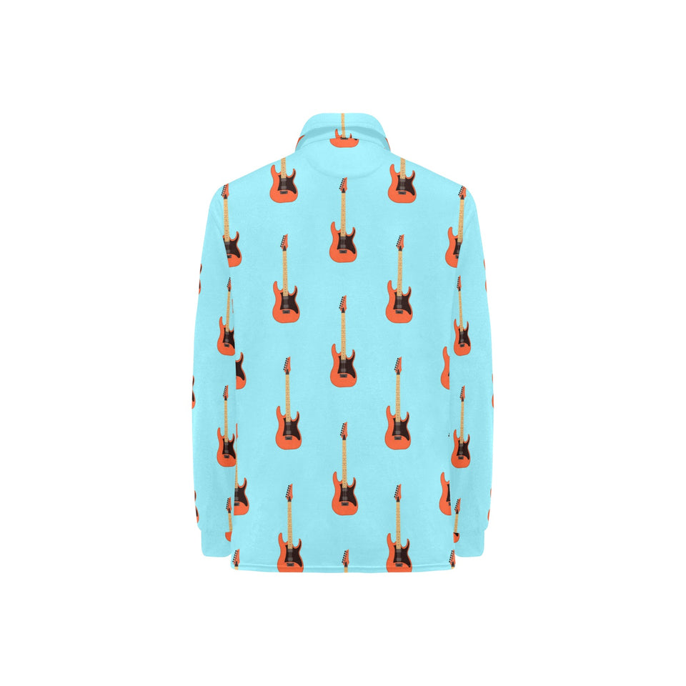 electric guitar pattern light blue background Women's Long Sleeve Polo Shirt