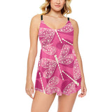 Beautiful dragonfly pink background Chest Sexy Pleated Two Piece Swim Dress