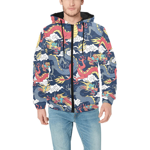 Blue red dragon cloud pattern Men's Padded Hooded Jacket