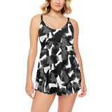 Crow illustration pattern Chest Sexy Pleated Two Piece Swim Dress