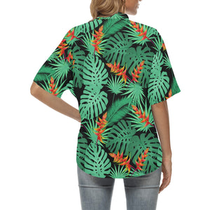 heliconia flower palm monstera leaves black backgr Women's All Over Print Hawaiian Shirt