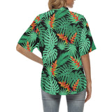 heliconia flower palm monstera leaves black backgr Women's All Over Print Hawaiian Shirt