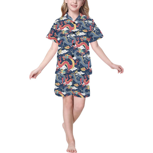 Blue red dragon cloud pattern Kids' Boys' Girls' V-Neck Short Pajama Set