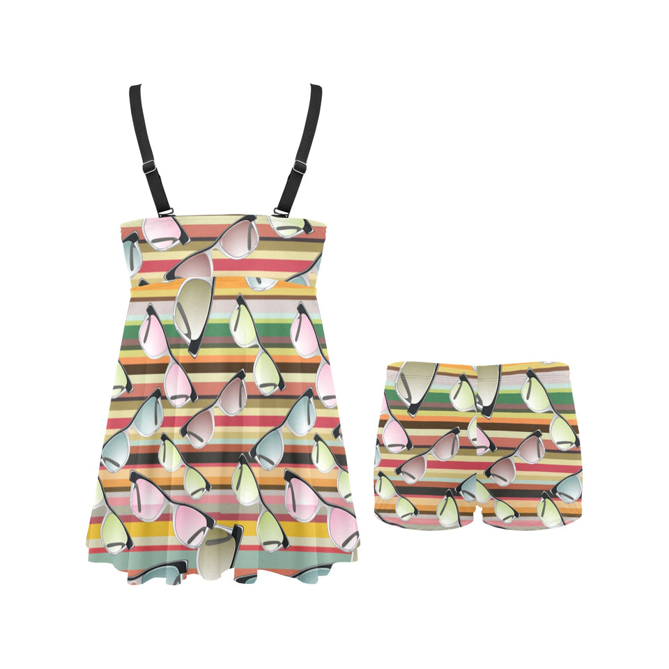 Sun Glasses Pattern Print Design 02 Chest Sexy Pleated Two Piece Swim Dress