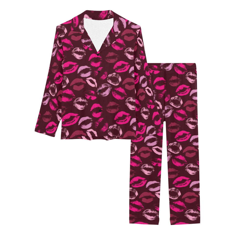 Lips Pattern Print Design 03 Women's Long Pajama Set