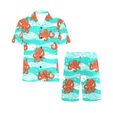 Octopuses sea wave background Men's V-Neck Short Pajama Set