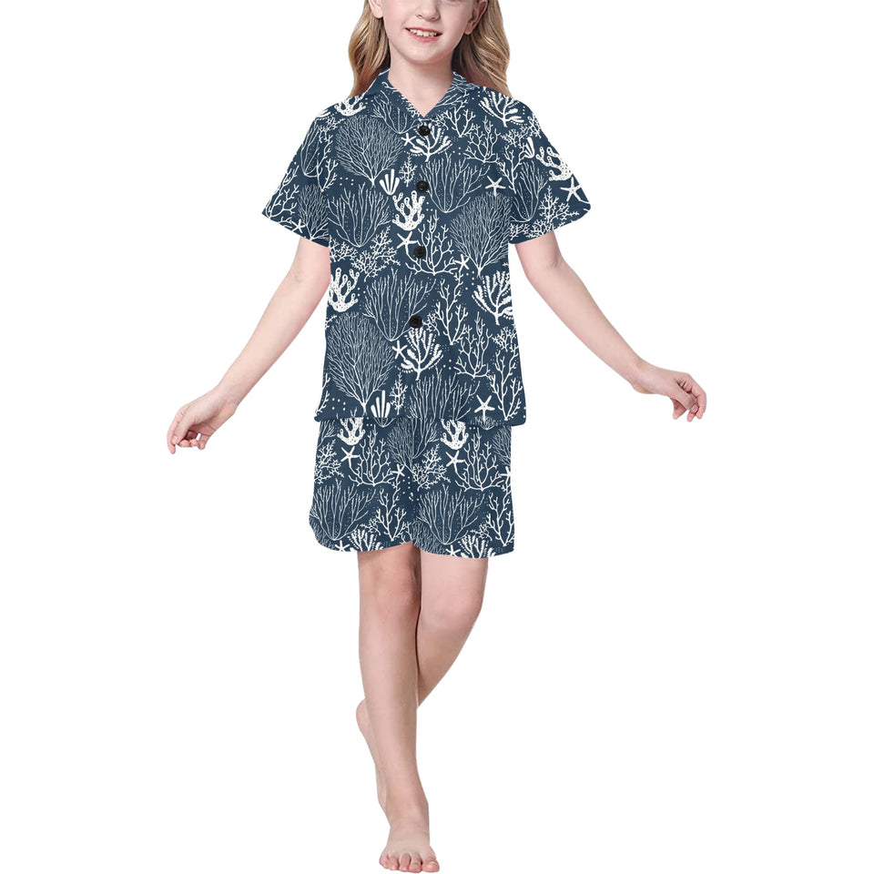 Coral Reef Pattern Print Design 05 Kids' Boys' Girls' V-Neck Short Pajama Set