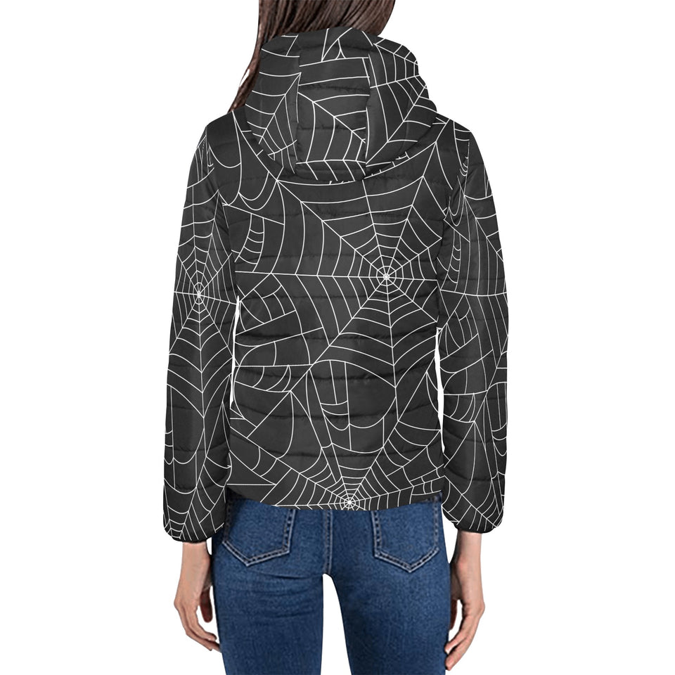 Spider web pattern Black background white cobweb Women's Padded Hooded Jacket