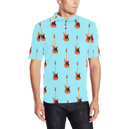 electric guitar pattern light blue background Men's All Over Print Polo Shirt