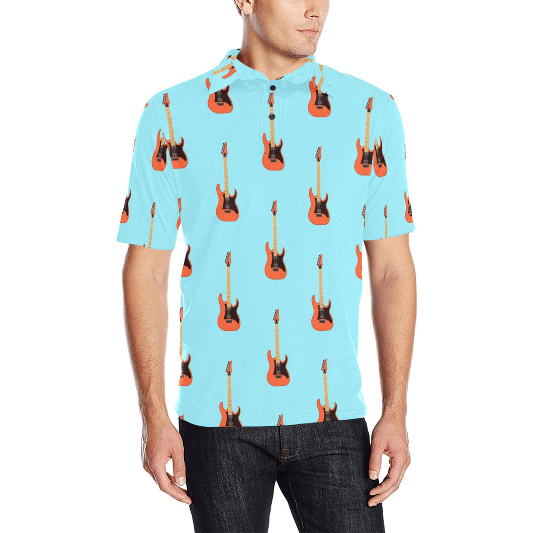 electric guitar pattern light blue background Men's All Over Print Polo Shirt