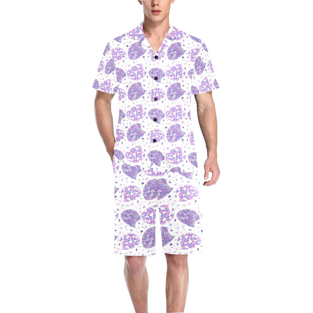 Hedgehog Pattern Print Design 05 Men's V-Neck Short Pajama Set