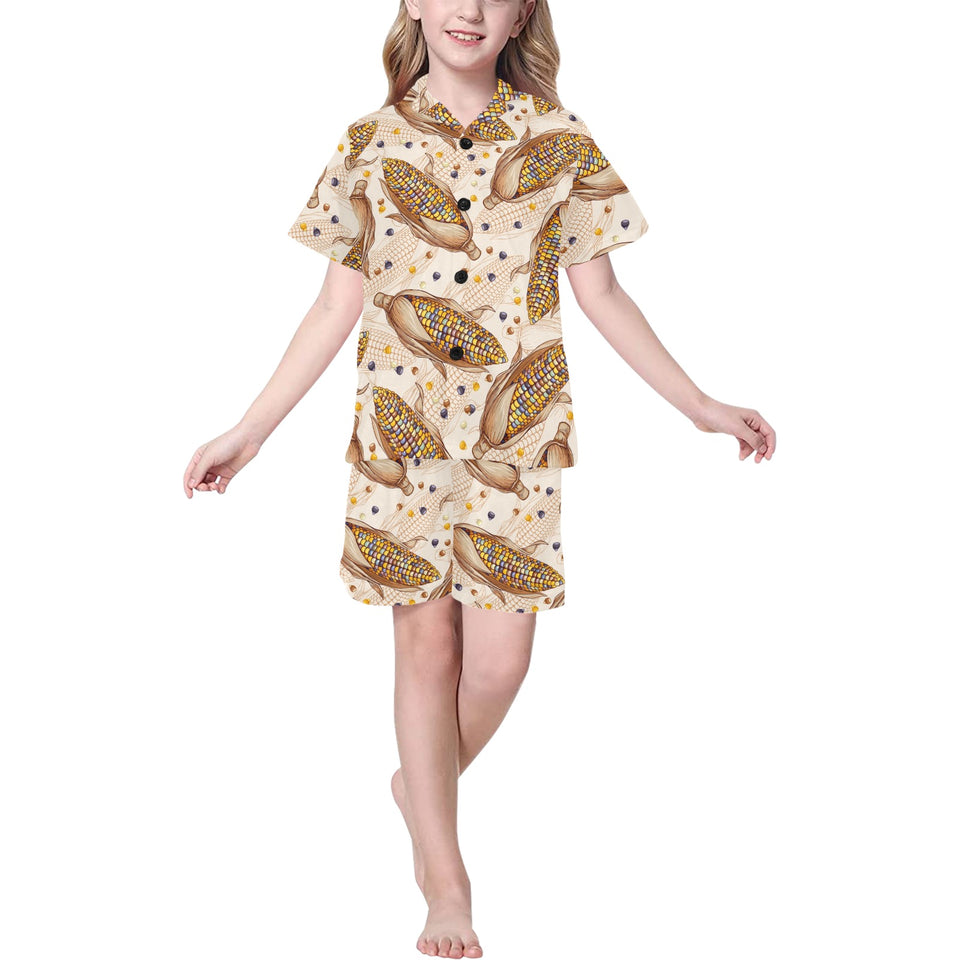 Corn Pattern Print Design 03 Kids' Boys' Girls' V-Neck Short Pajama Set