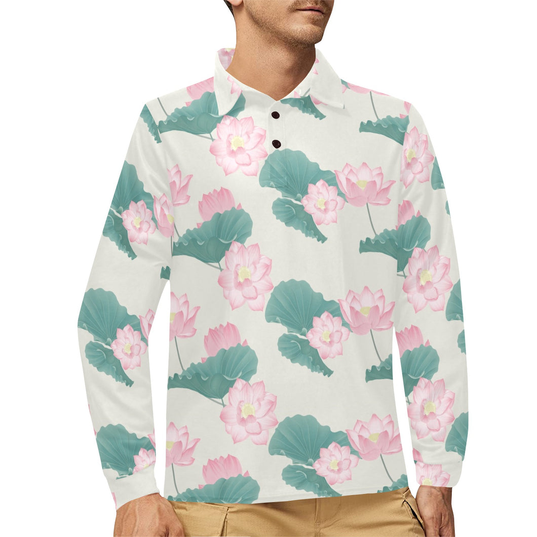 Pink lotus waterlily leaves pattern Men's Long Sleeve Polo Shirt
