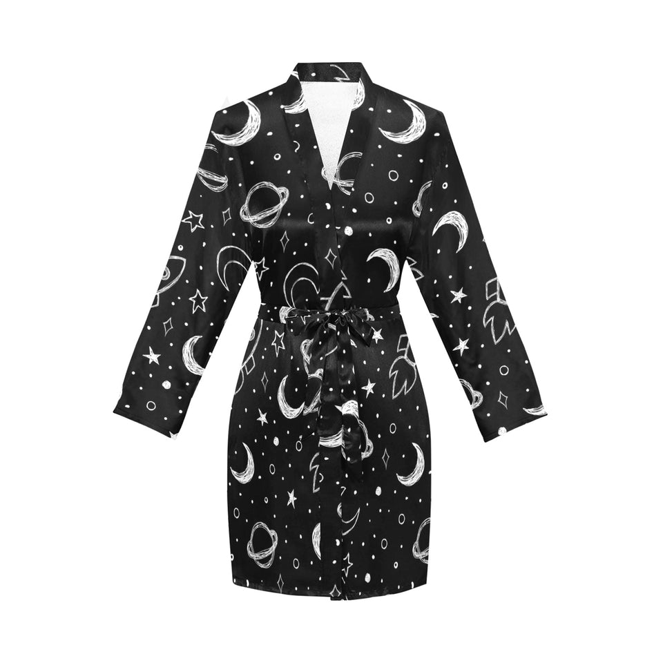 Hand drawn space rocket star planet Women's Long Sleeve Belted Night Robe