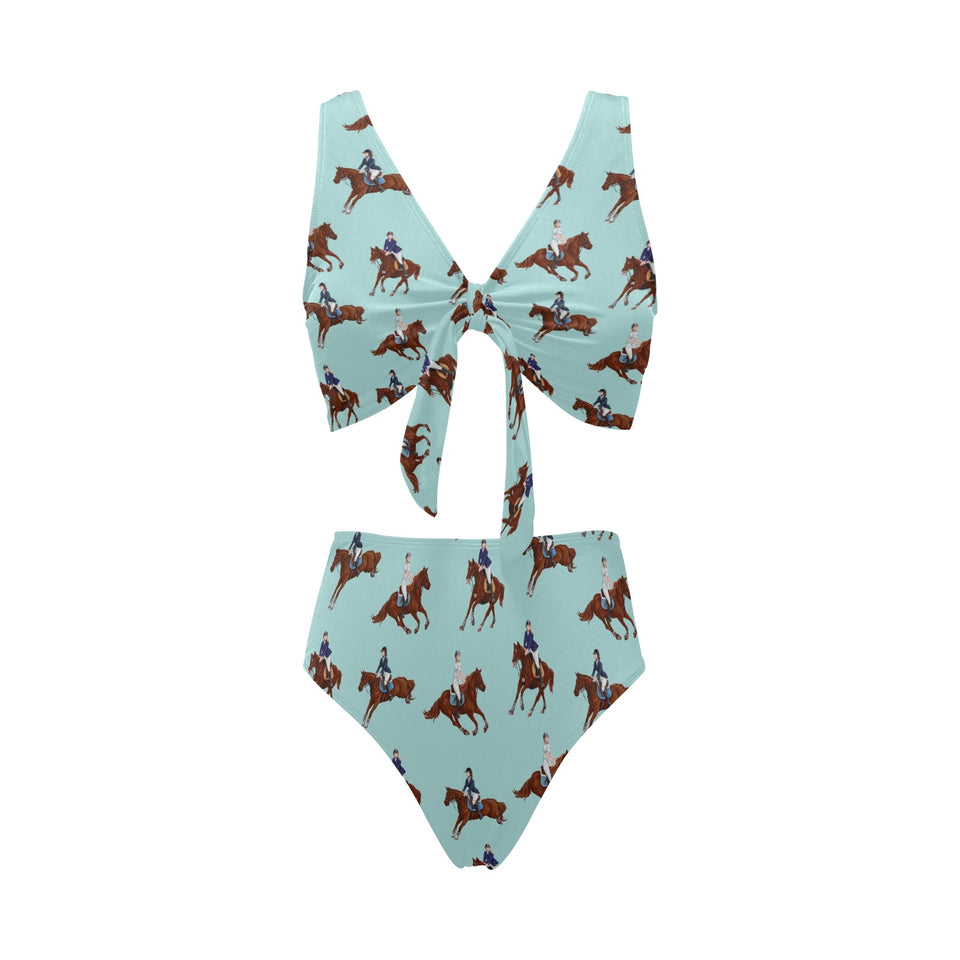 Horses running horses rider pattern Chest Bowknot High Waisted Bikini Swimsuit