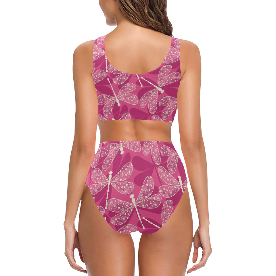 Beautiful dragonfly pink background Chest Bowknot High Waisted Bikini Swimsuit