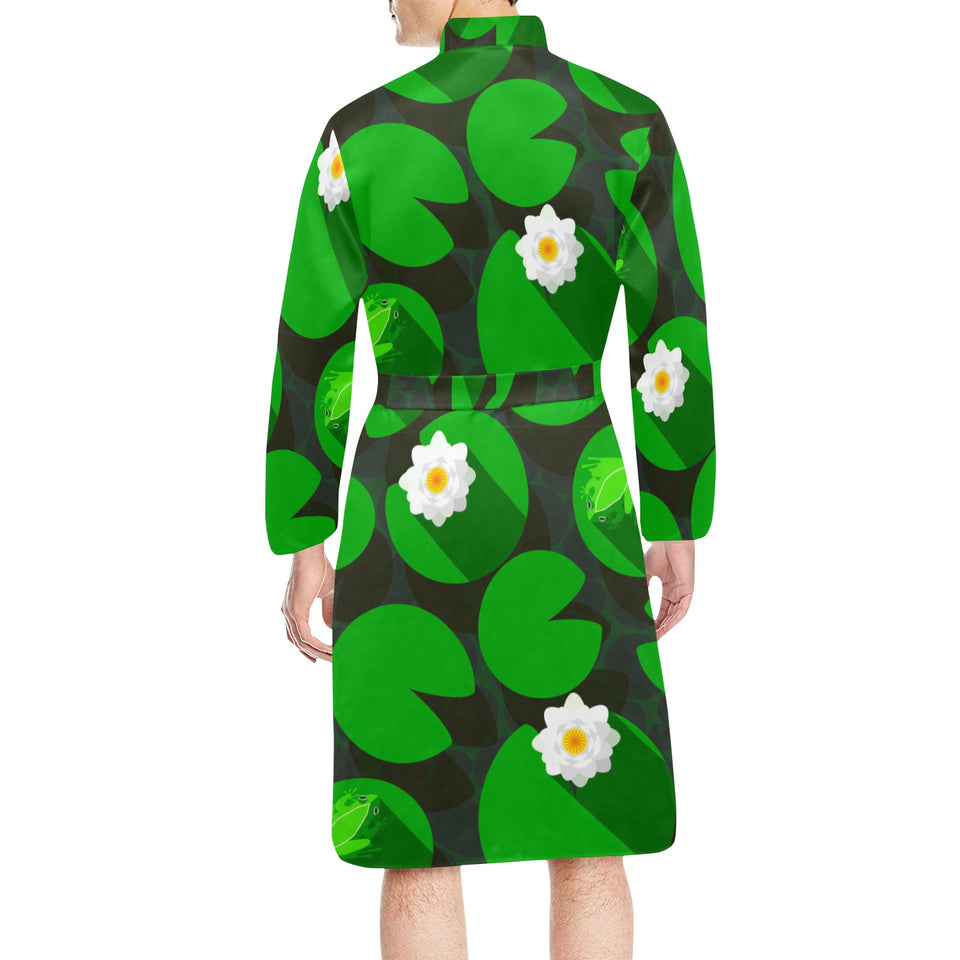 Frog waterlily pattern Men's Long Sleeve Belted Night Robe