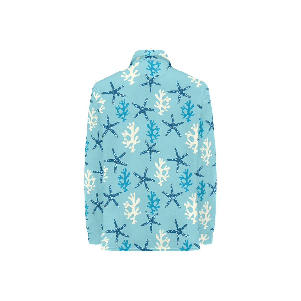 Blue starfish coral reef pattern Women's Long Sleeve Polo Shirt