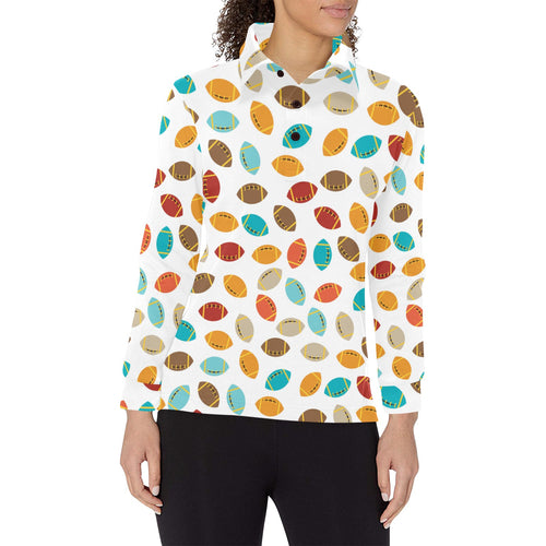 Colorful american football ball pattern Women's Long Sleeve Polo Shirt