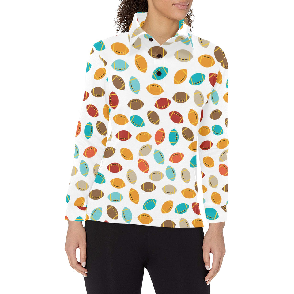 Colorful american football ball pattern Women's Long Sleeve Polo Shirt