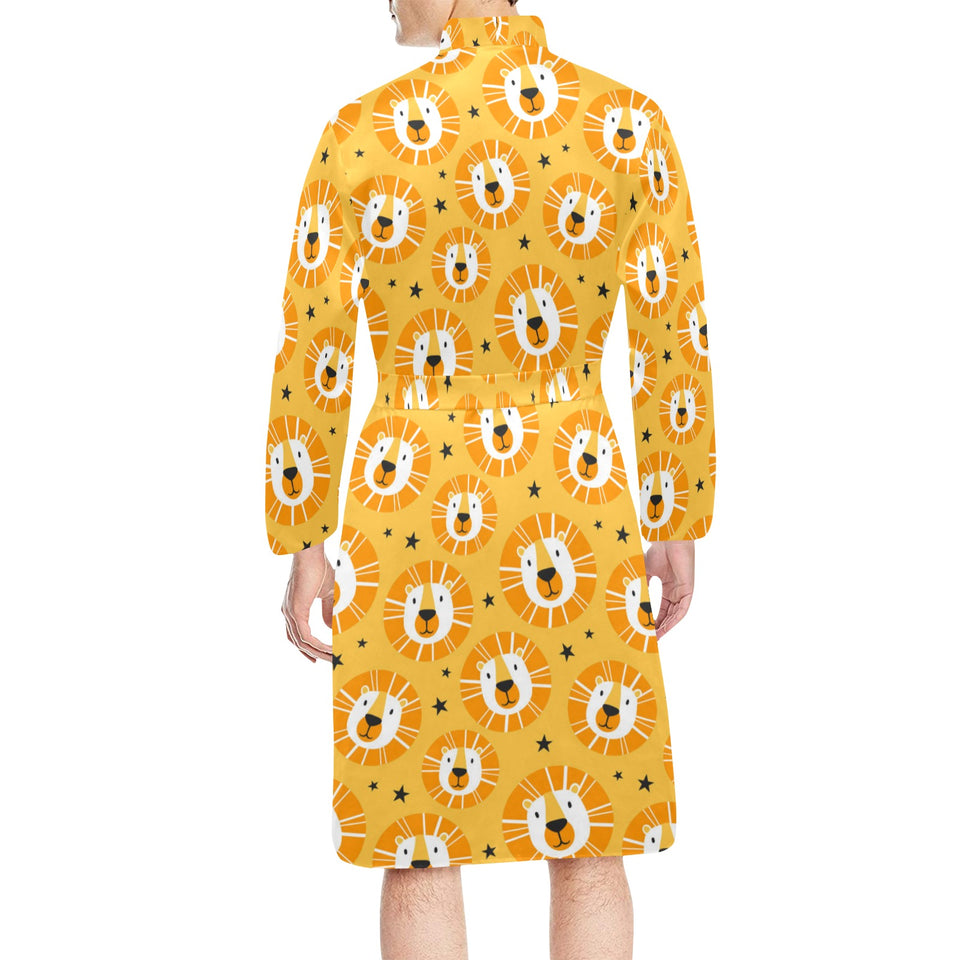 Lion Pattern Print Design 03 Men's Long Sleeve Belted Night Robe