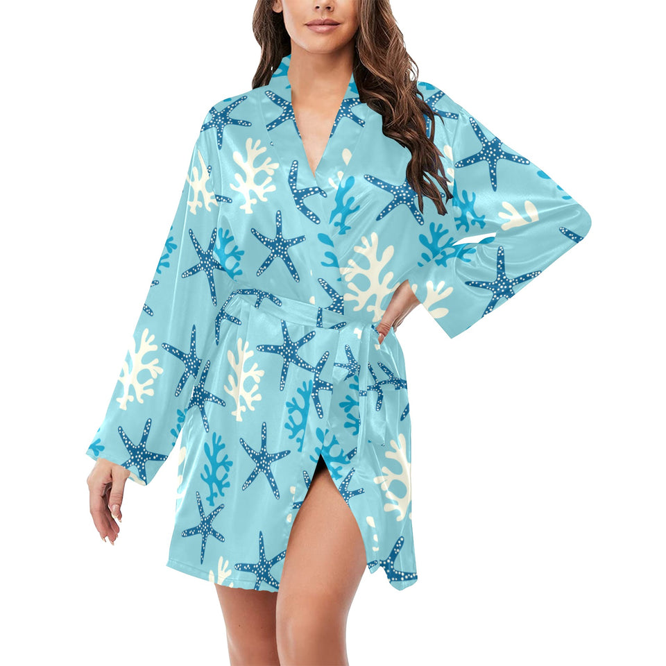 Blue starfish coral reef pattern Women's Long Sleeve Belted Night Robe