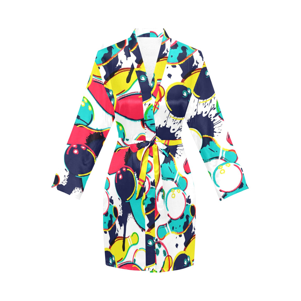 watercolor bowling ball pins Women's Long Sleeve Belted Night Robe