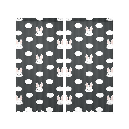 Cute white rabbit polka dots black background Gauze Curtain