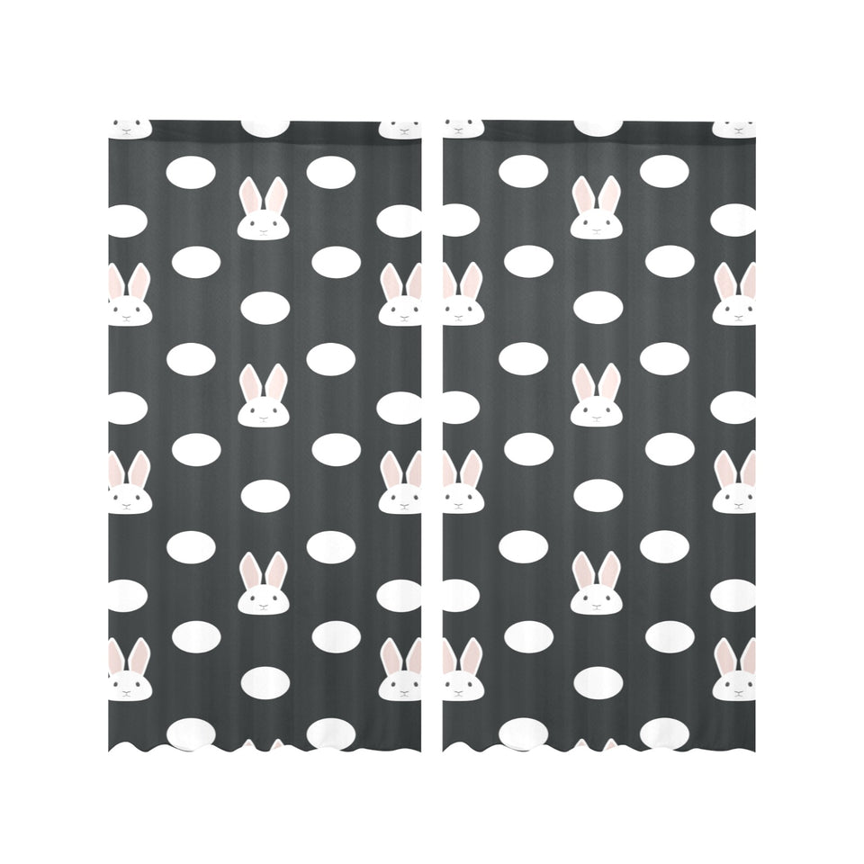 Cute white rabbit polka dots black background Gauze Curtain