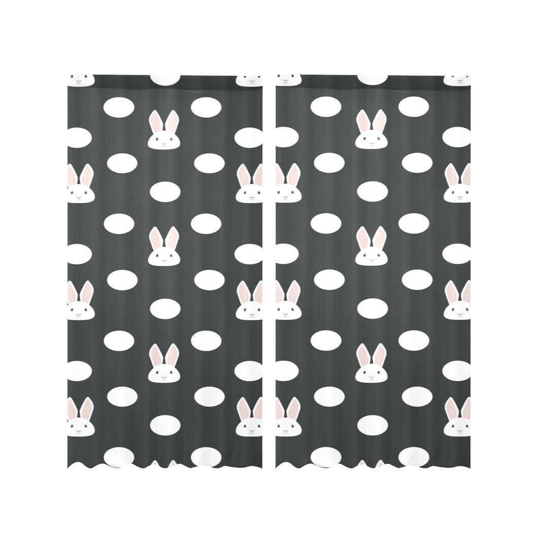 Cute white rabbit polka dots black background Gauze Curtain