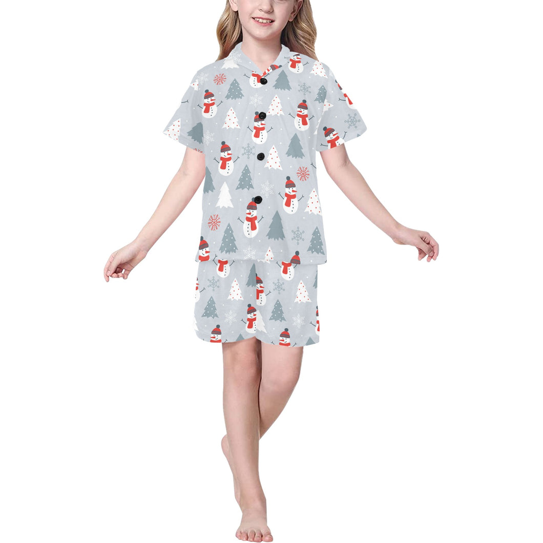 Snowman christmas  tree snow gray background Kids' Boys' Girls' V-Neck Short Pajama Set