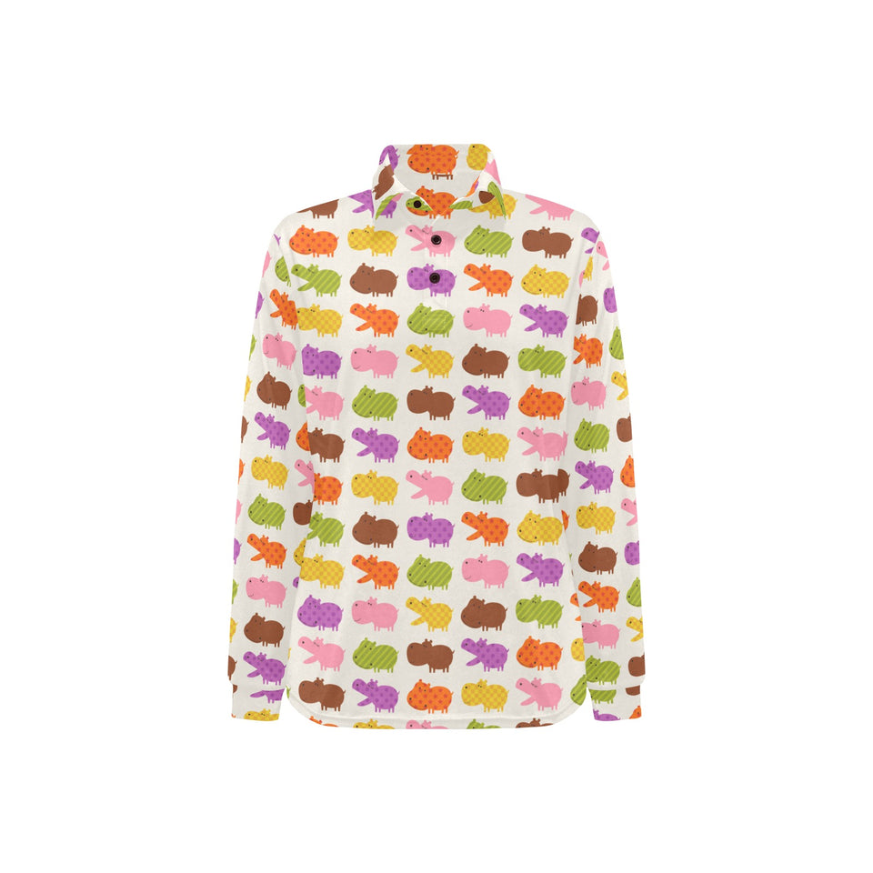 Hippopotamus Pattern Print Design 01 Women's Long Sleeve Polo Shirt