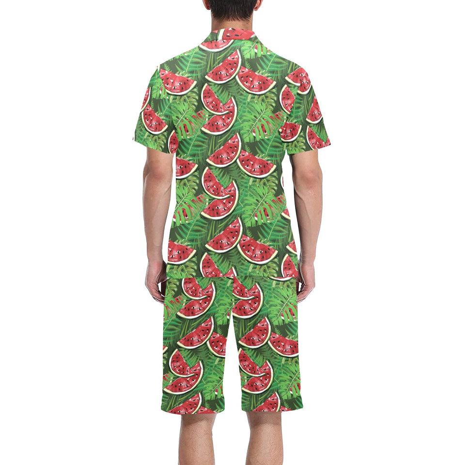 Watermelons tropical palm leaves pattern backgroun Men's V-Neck Short Pajama Set