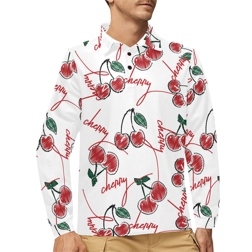 Hand drawn cherry pattern Men's Long Sleeve Polo Shirt