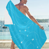 Airplane destinations blue background Beach Towel