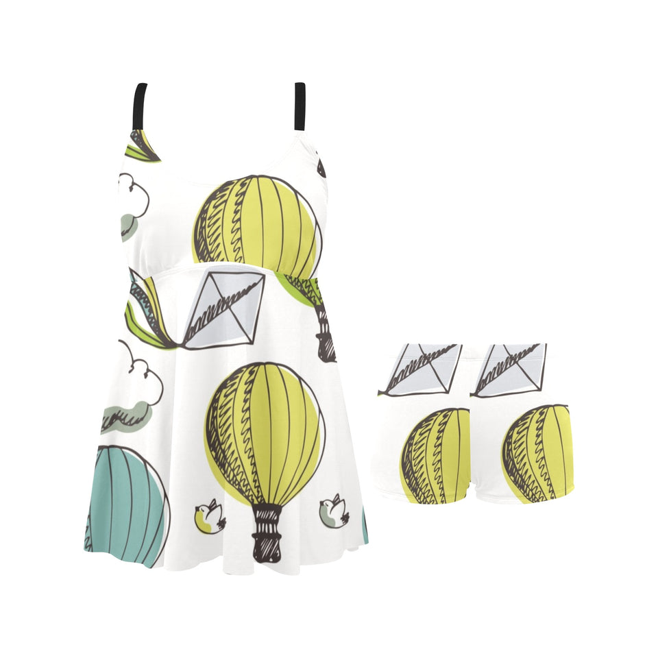 Hot Air Balloon Bird Cloud Pattern Chest Sexy Pleated Two Piece Swim Dress