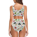 Cute dinosaurs pattern Chest Bowknot High Waisted Bikini Swimsuit