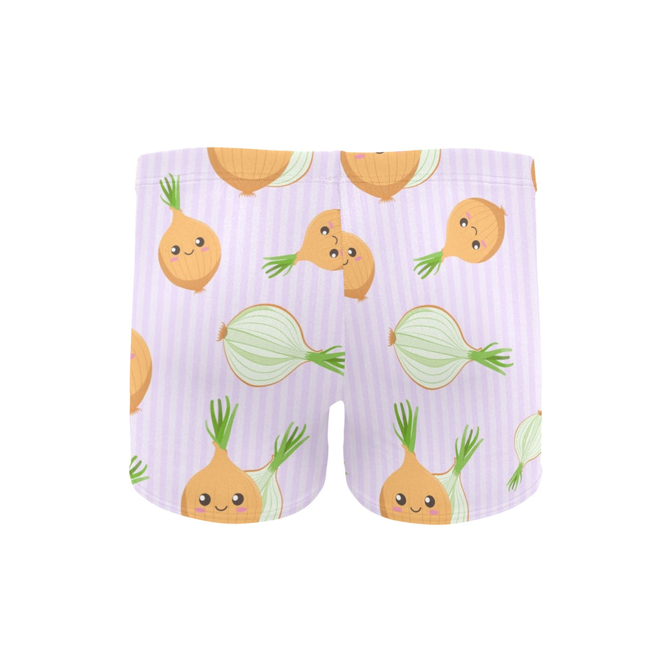 cute onions smiling faces purple background Men's Swimming Trunks